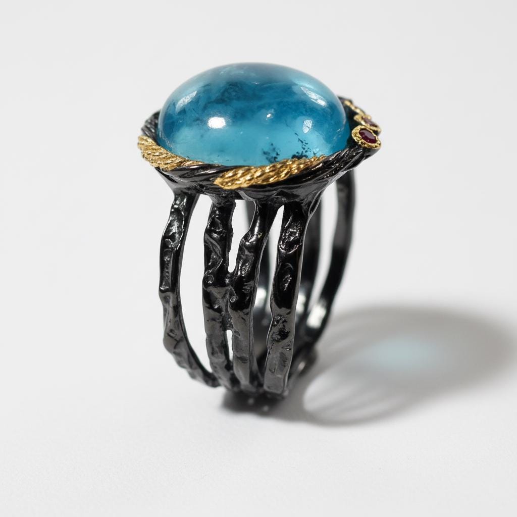 925 Sterling Silver Blue Aquamarine Ring, worn look