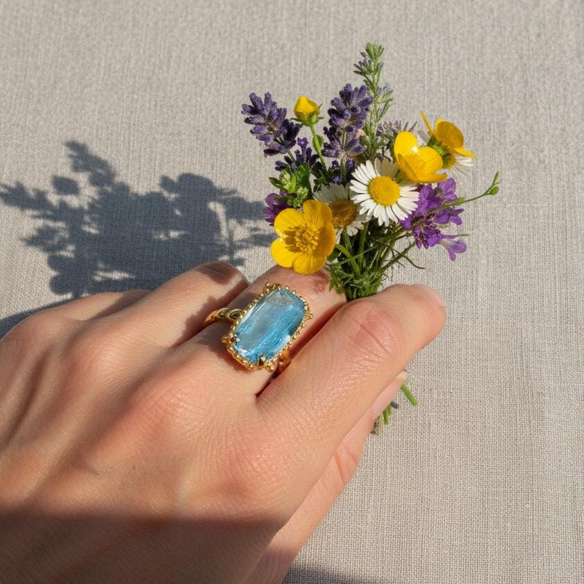 925 Sterling Silver Blue Kyanite Ring, worn on hand