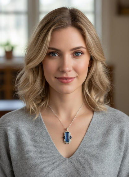 925 Sterling Silver Blue Labradorite Necklace, close-up detail