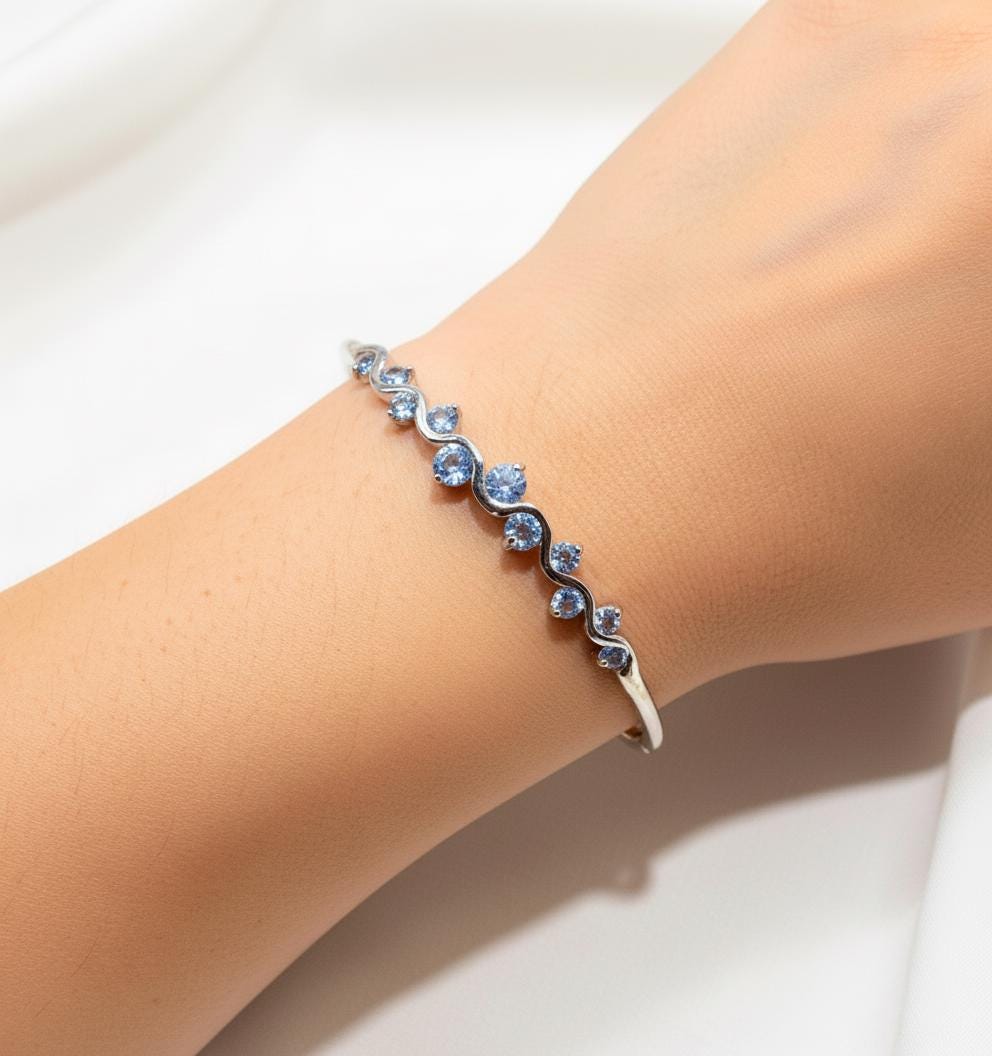 925 Sterling Silver Blue Sapphire Cuff Bracelet, side detail
