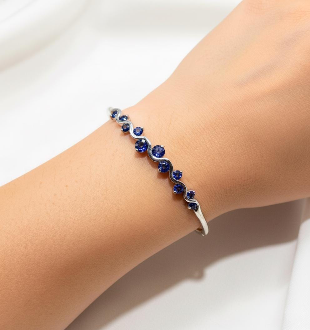 925 Sterling Silver Blue Sapphire Cuff Bracelet, alternate angle, image 11