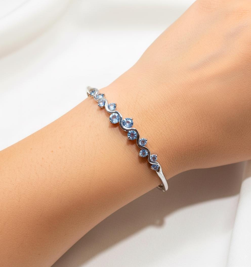 925 Sterling Silver Blue Sapphire Cuff Bracelet, alternate angle