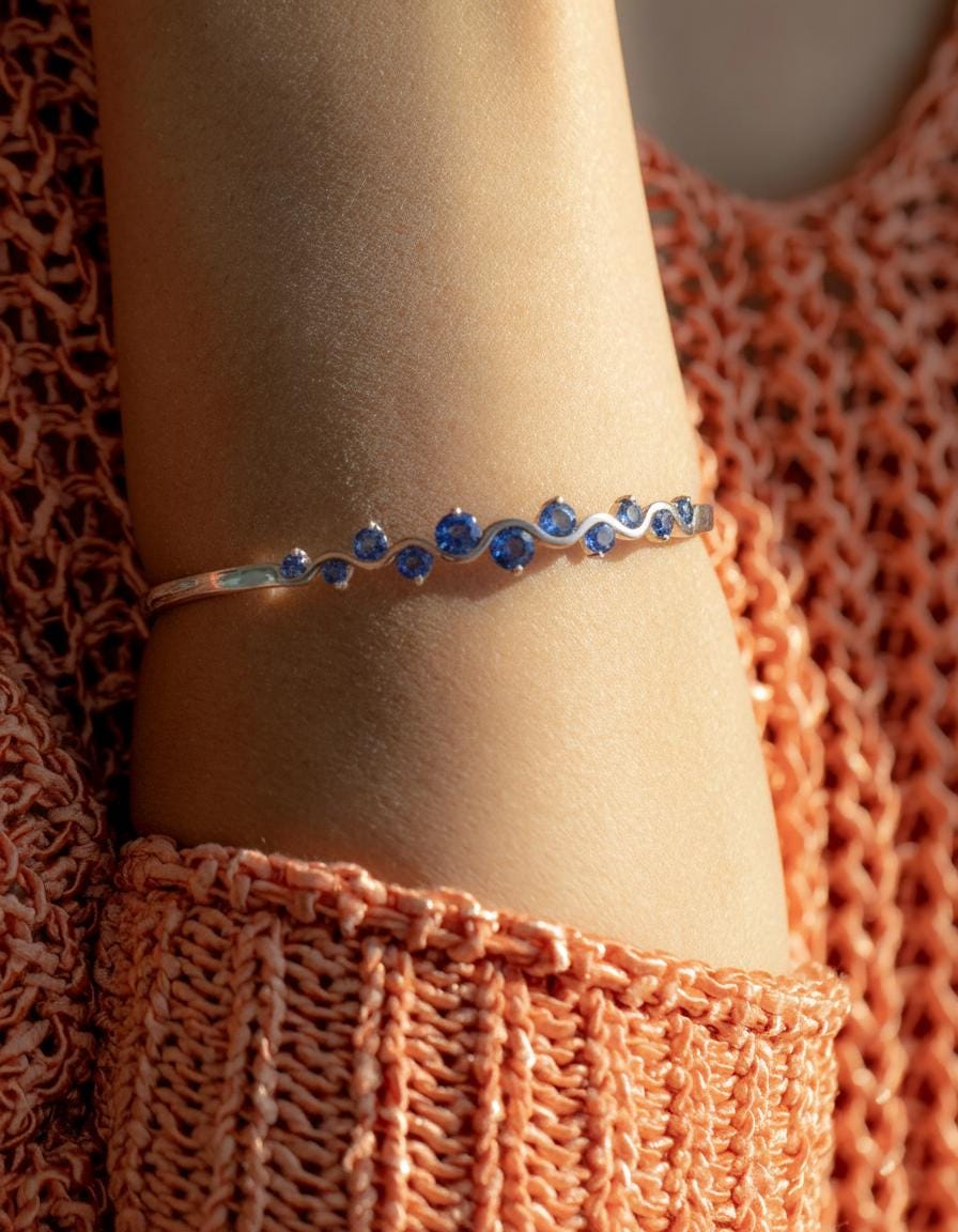925 Sterling Silver Blue Sapphire Cuff Bracelet, link or setting detail