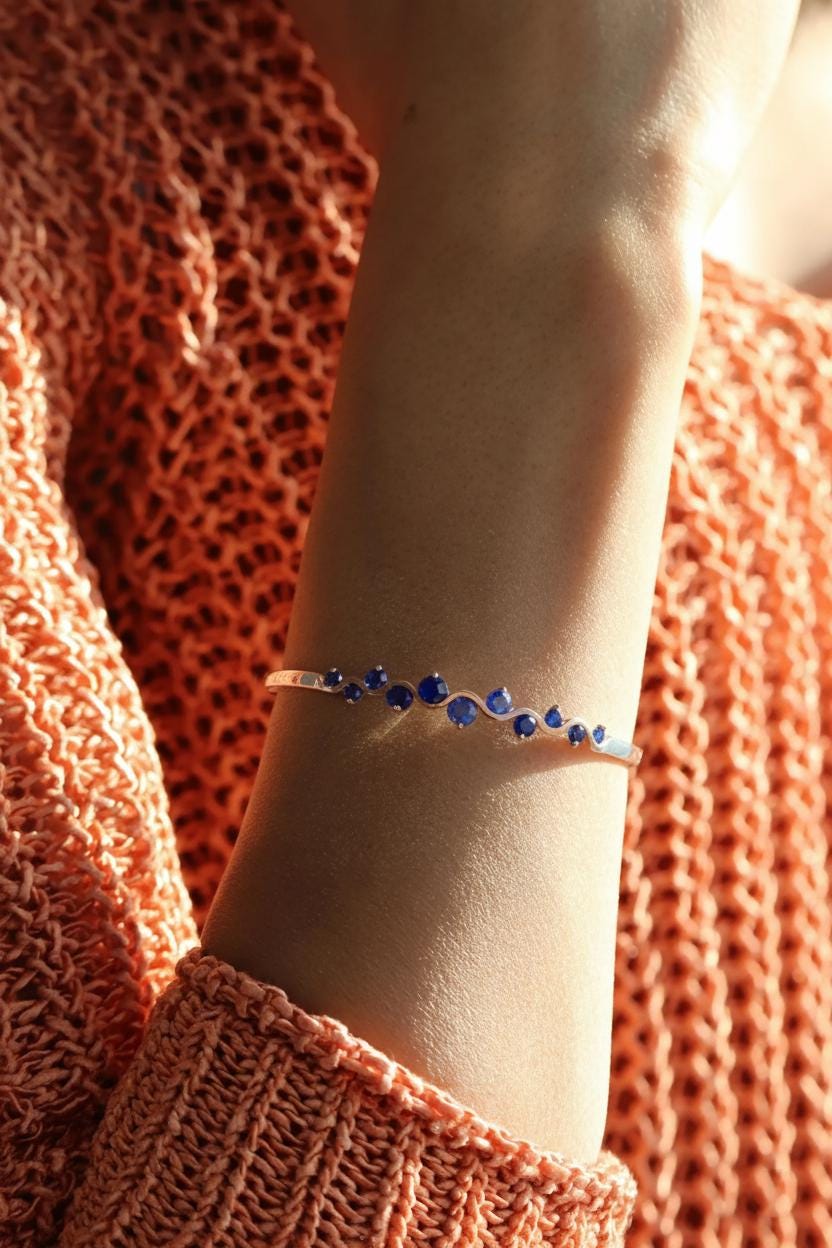 925 Sterling Silver Blue Sapphire Cuff Bracelet, additional angle