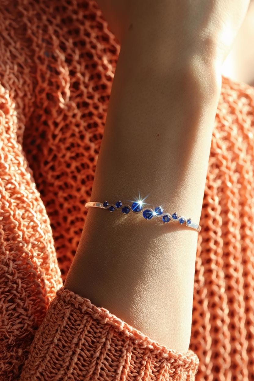 925 Sterling Silver Blue Sapphire Cuff Bracelet, wrist styling view