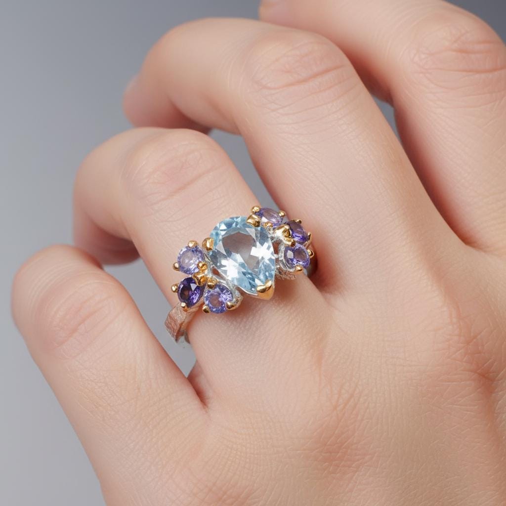 925 Sterling Silver Swiss Blue Topaz Ring, side view
