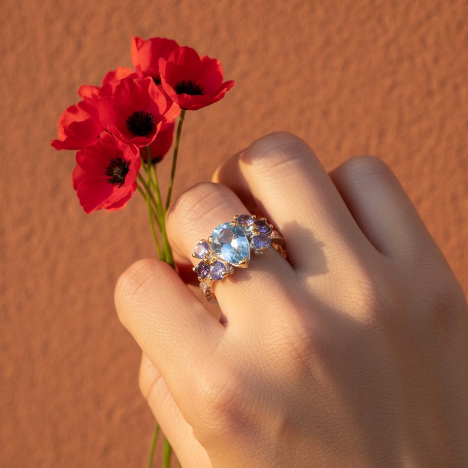 925 Sterling Silver Swiss Blue Topaz Ring, worn look