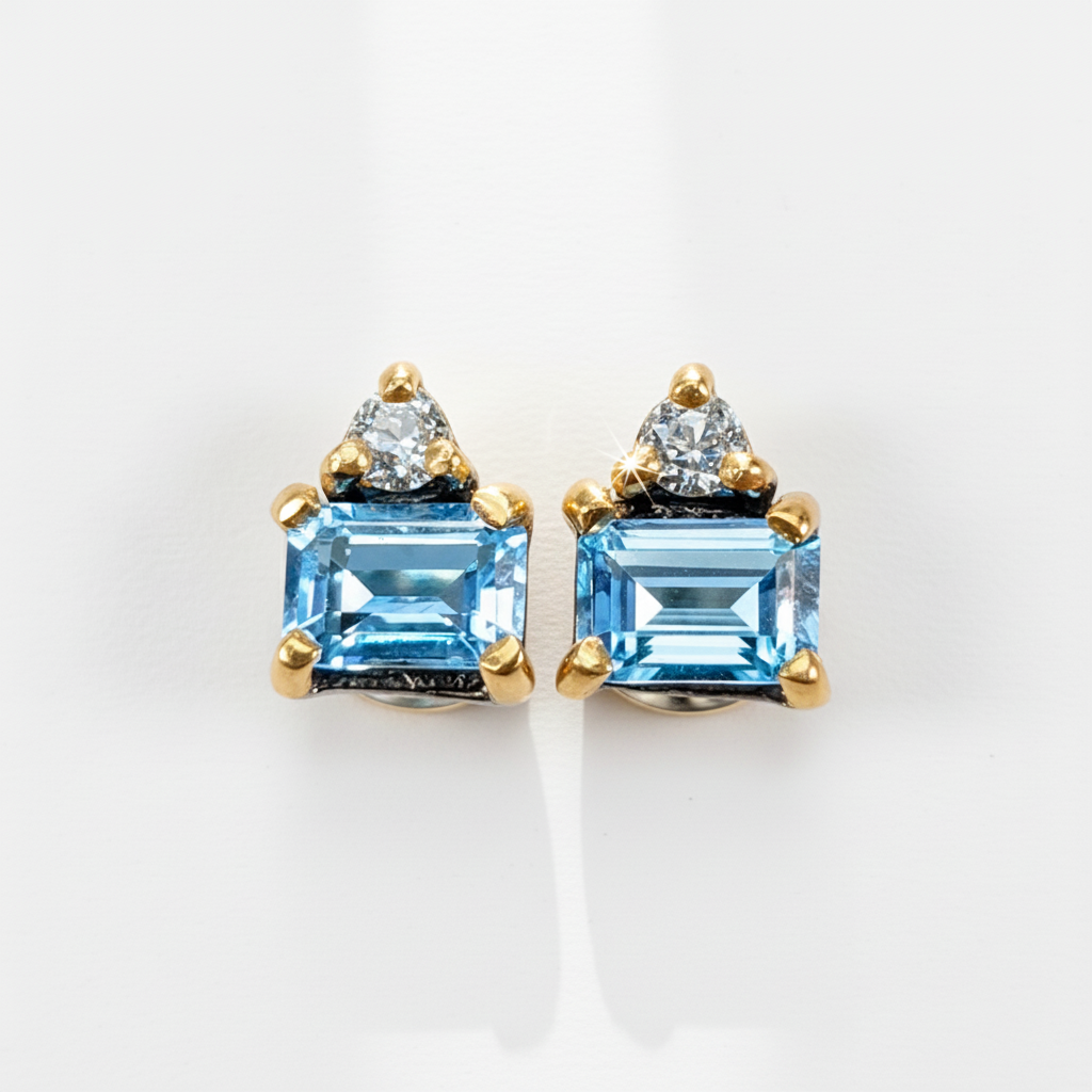 925 Silver Blue Baguette Topaz Earrings, worn view