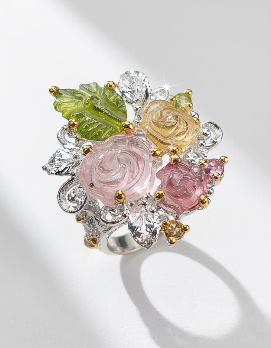 925 Sterling Silver Bouquet Tourmaline Ring, texture close-up