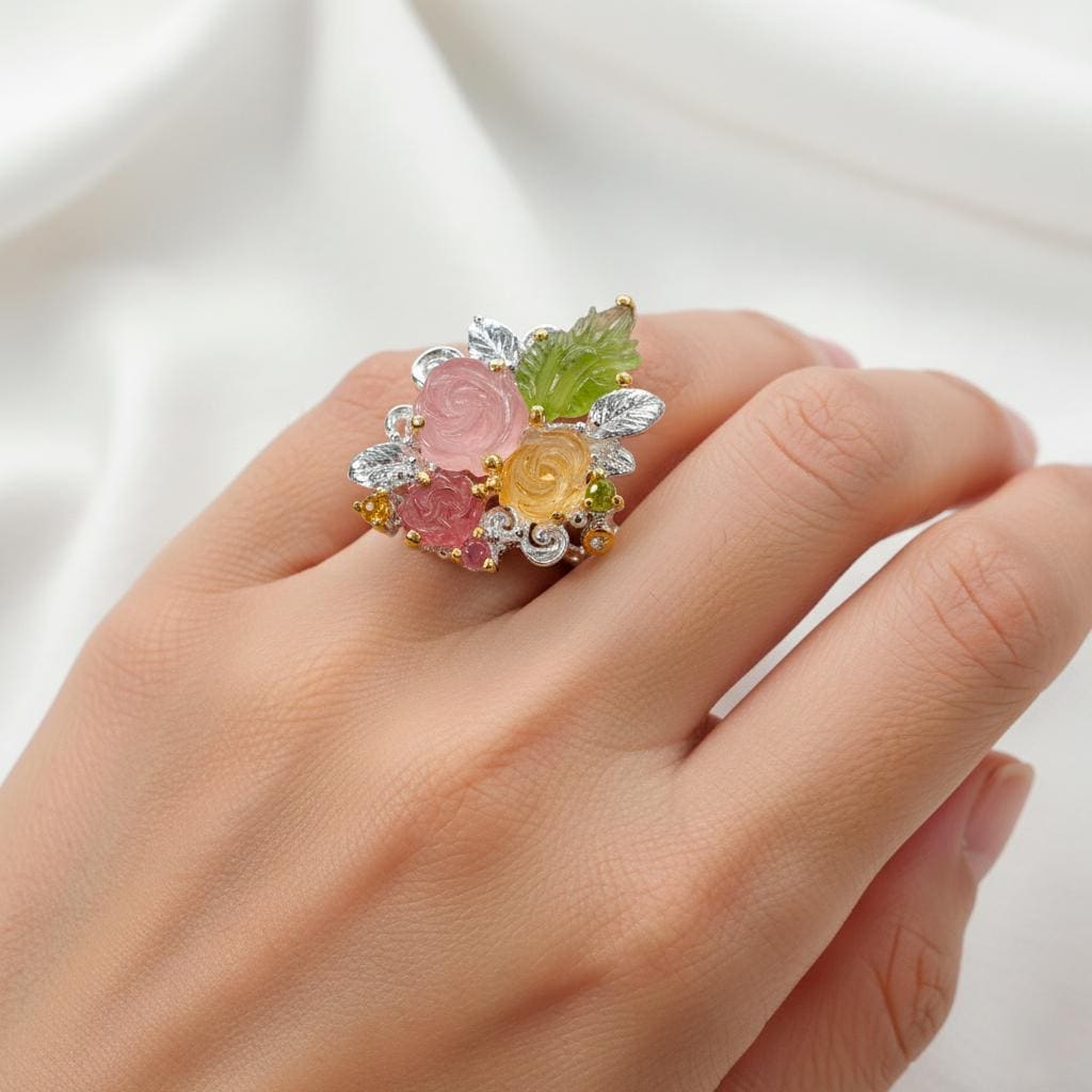 925 Sterling Silver Bouquet Tourmaline Ring, worn on hand