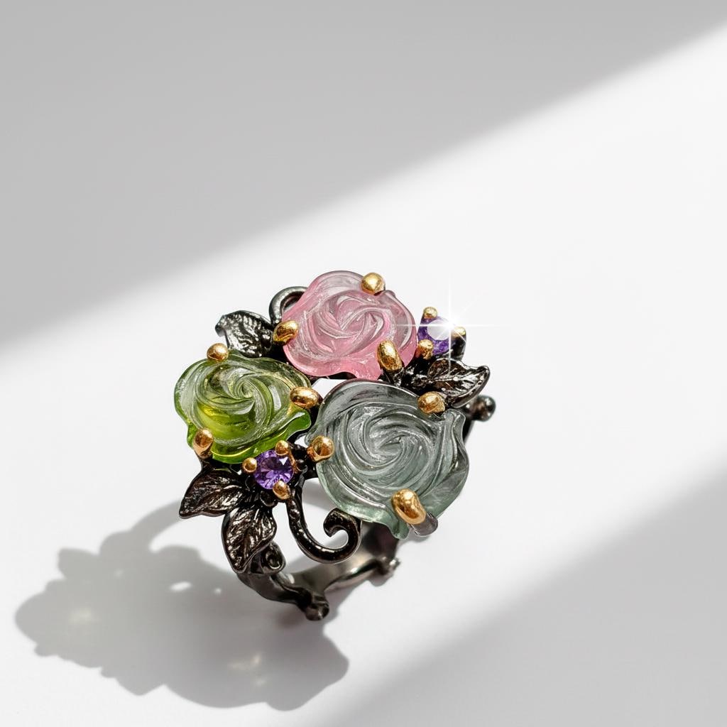 925 Sterling Silver Bouquet Tourmaline Ring, texture close-up