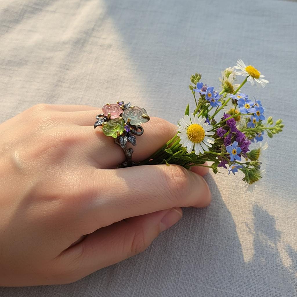 925 Sterling Silver Bouquet Tourmaline Ring, close-up detail