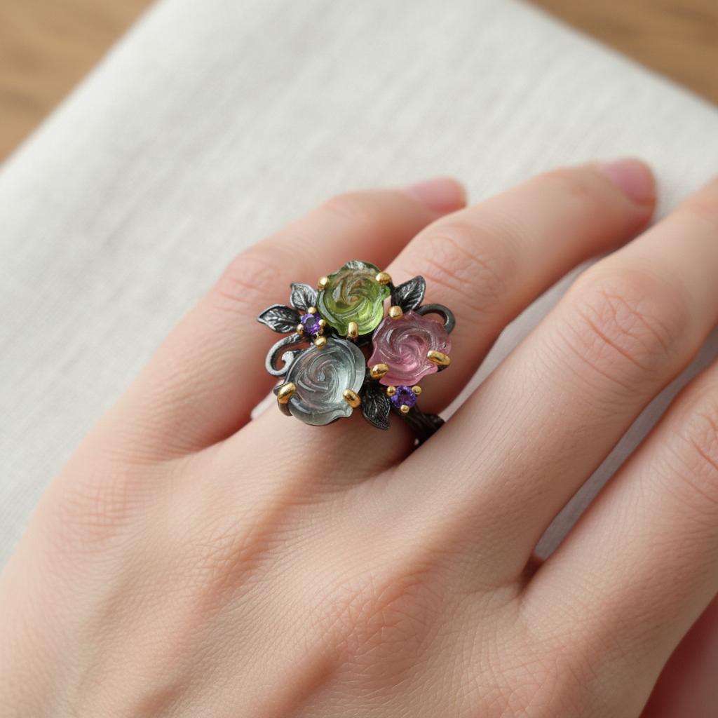 925 Sterling Silver Bouquet Tourmaline Ring, side view