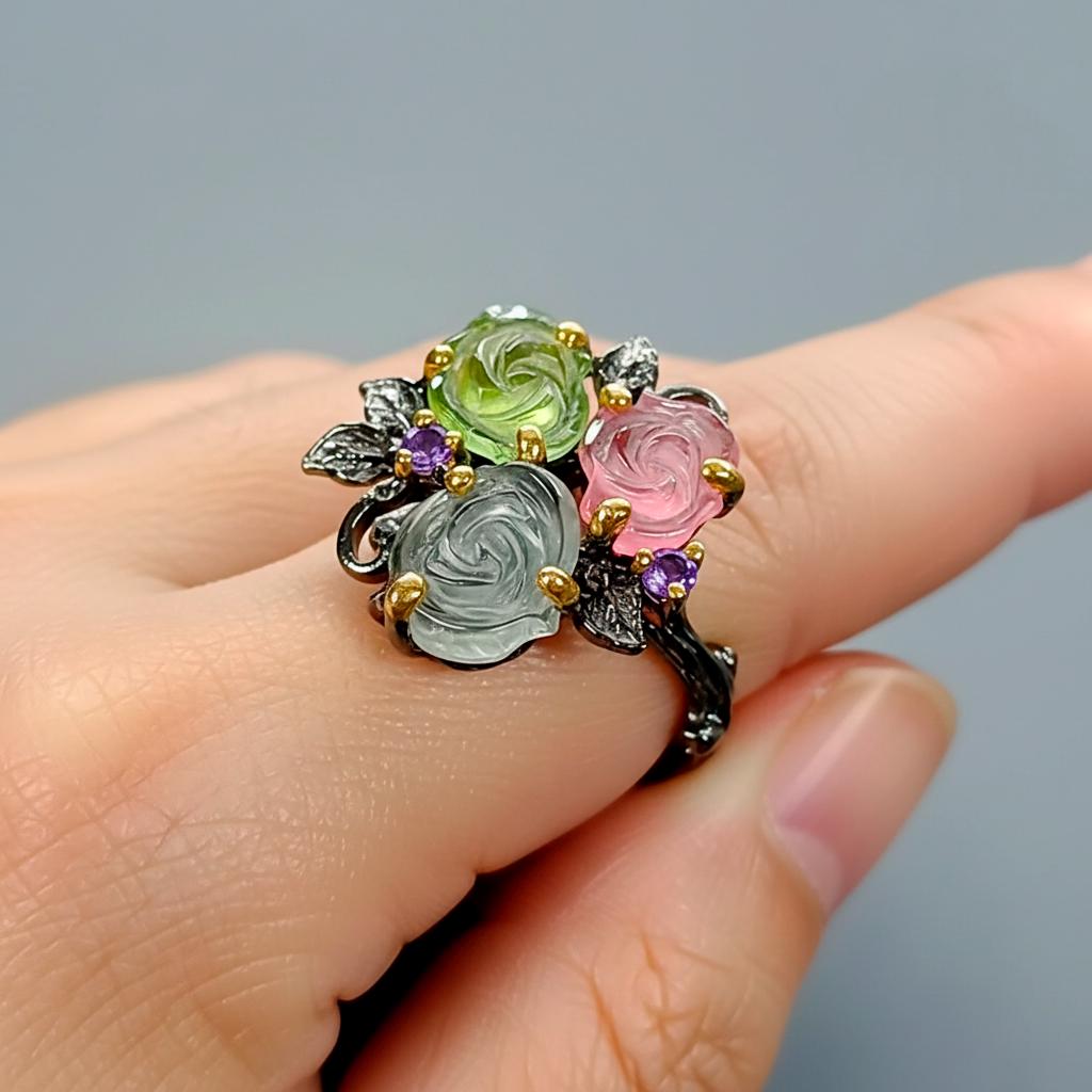 925 Sterling Silver Bouquet Tourmaline Ring, worn on hand