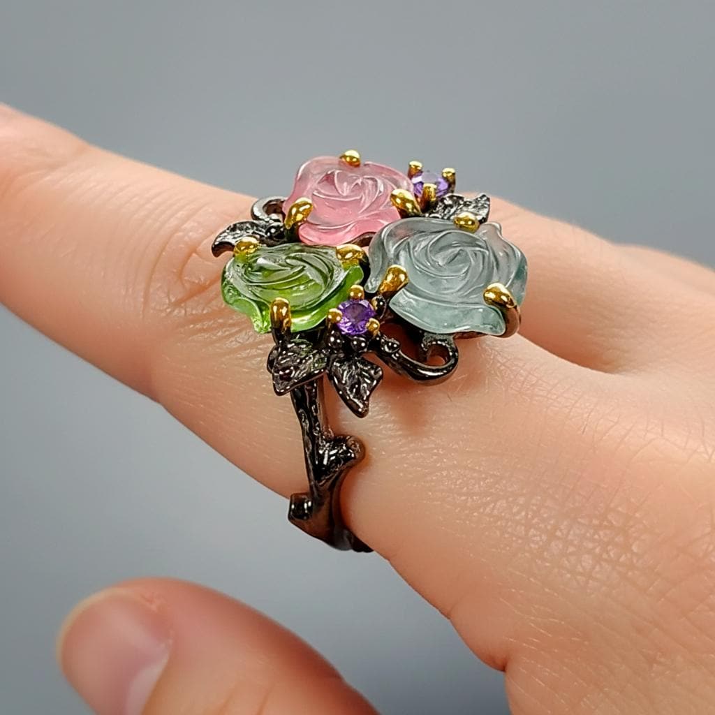 925 Sterling Silver Bouquet Tourmaline Ring, setting detail