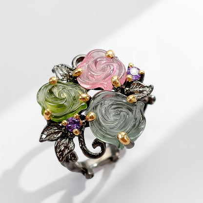 925 Sterling Silver Bouquet Tourmaline Ring, worn look