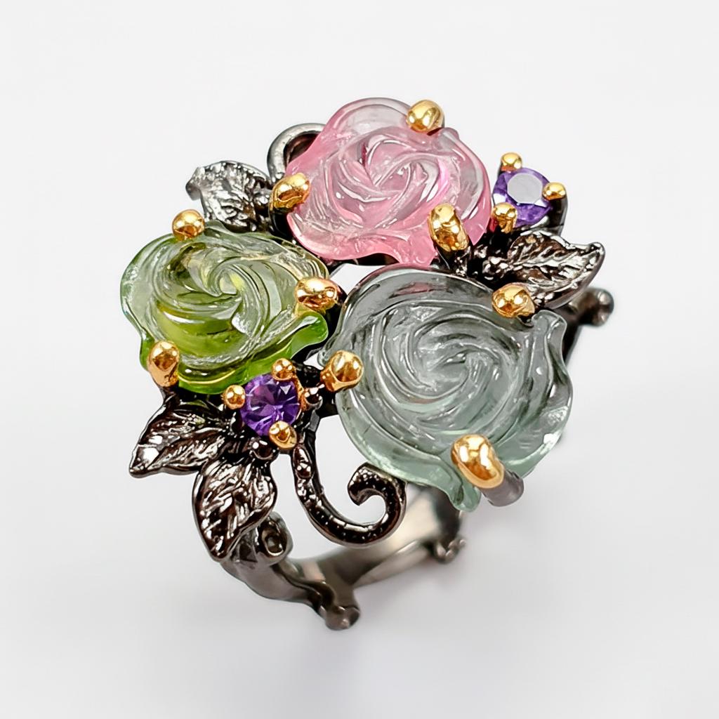 925 Sterling Silver Bouquet Tourmaline Ring, band detail