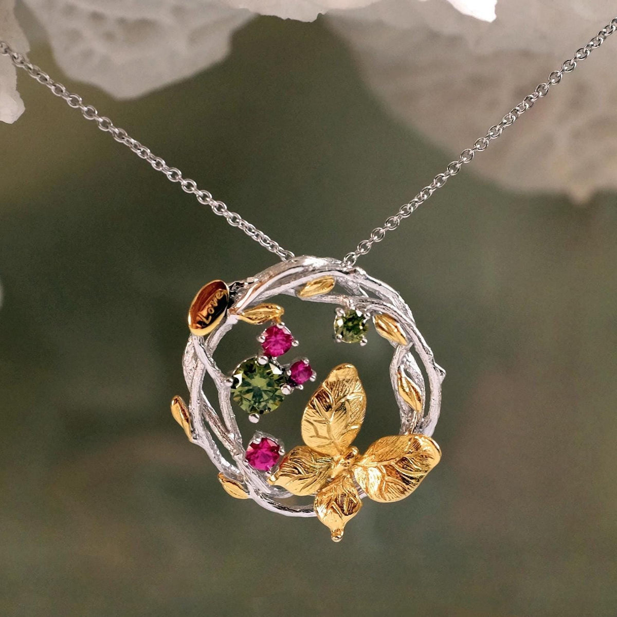 925 Sterling Silver Butterfly Peridot Necklace Set, close-up detail