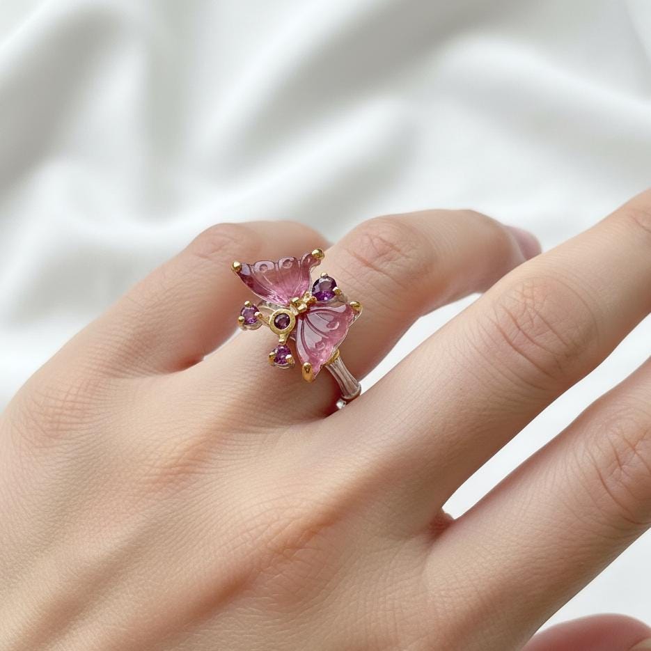 925 Sterling Silver Butterfly Tourmaline Ring, side view
