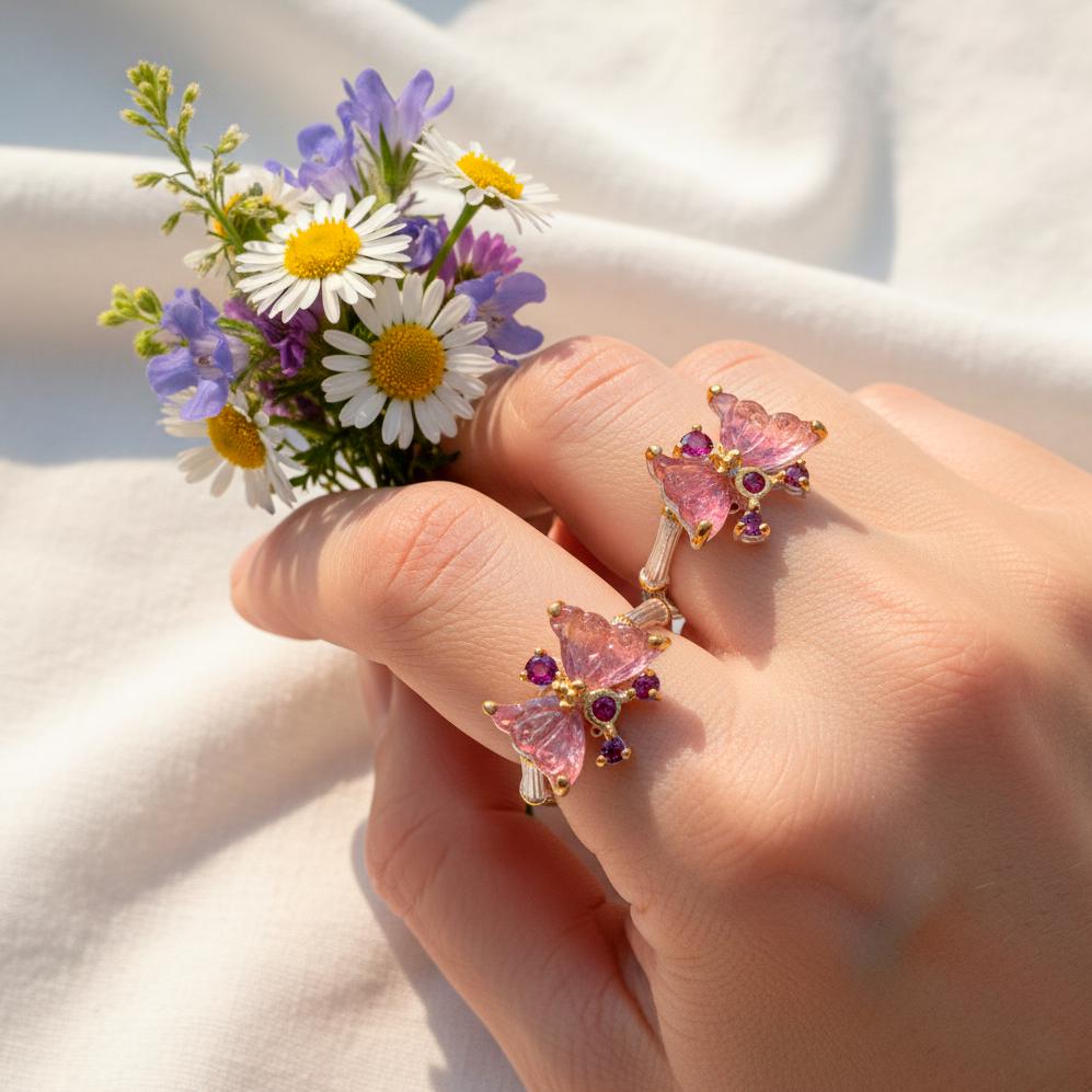 925 Sterling Silver Butterfly Tourmaline Ring, worn on hand