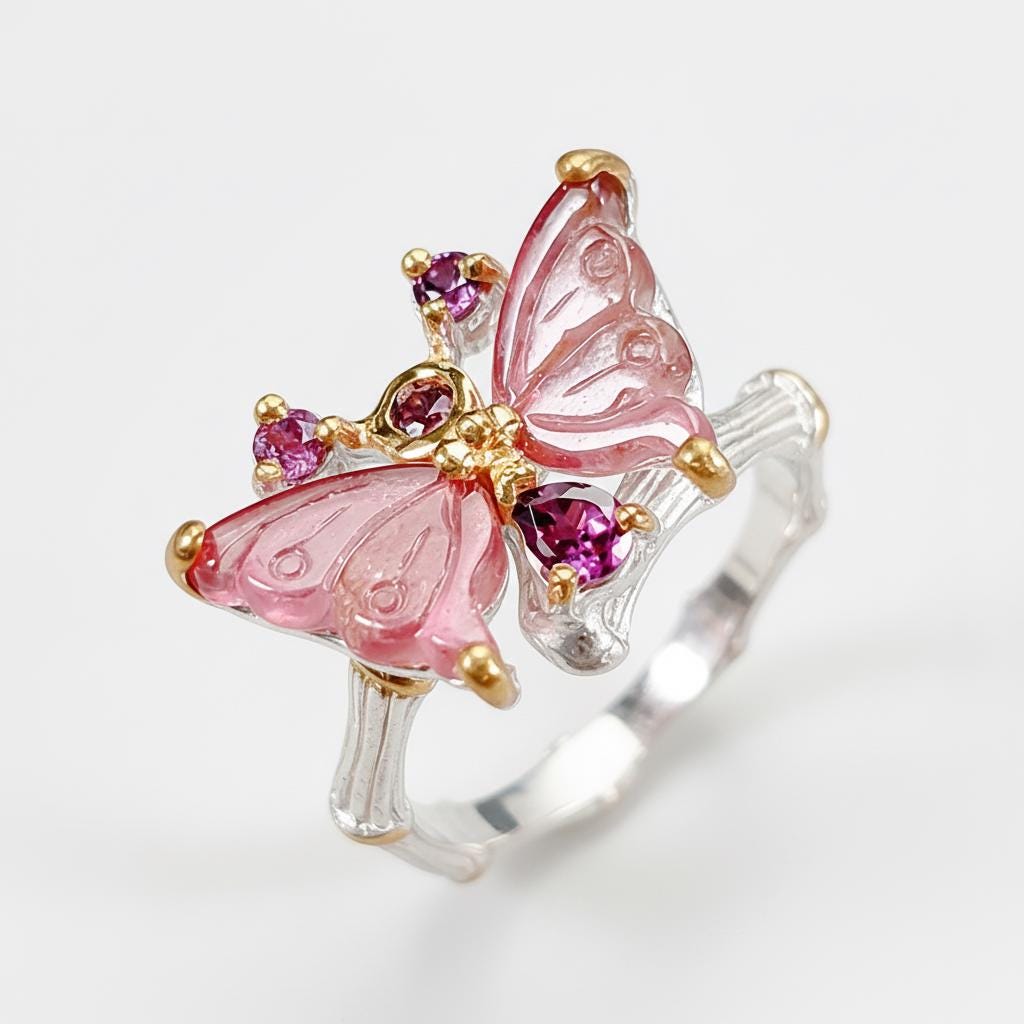 925 Sterling Silver Butterfly Tourmaline Ring, setting detail