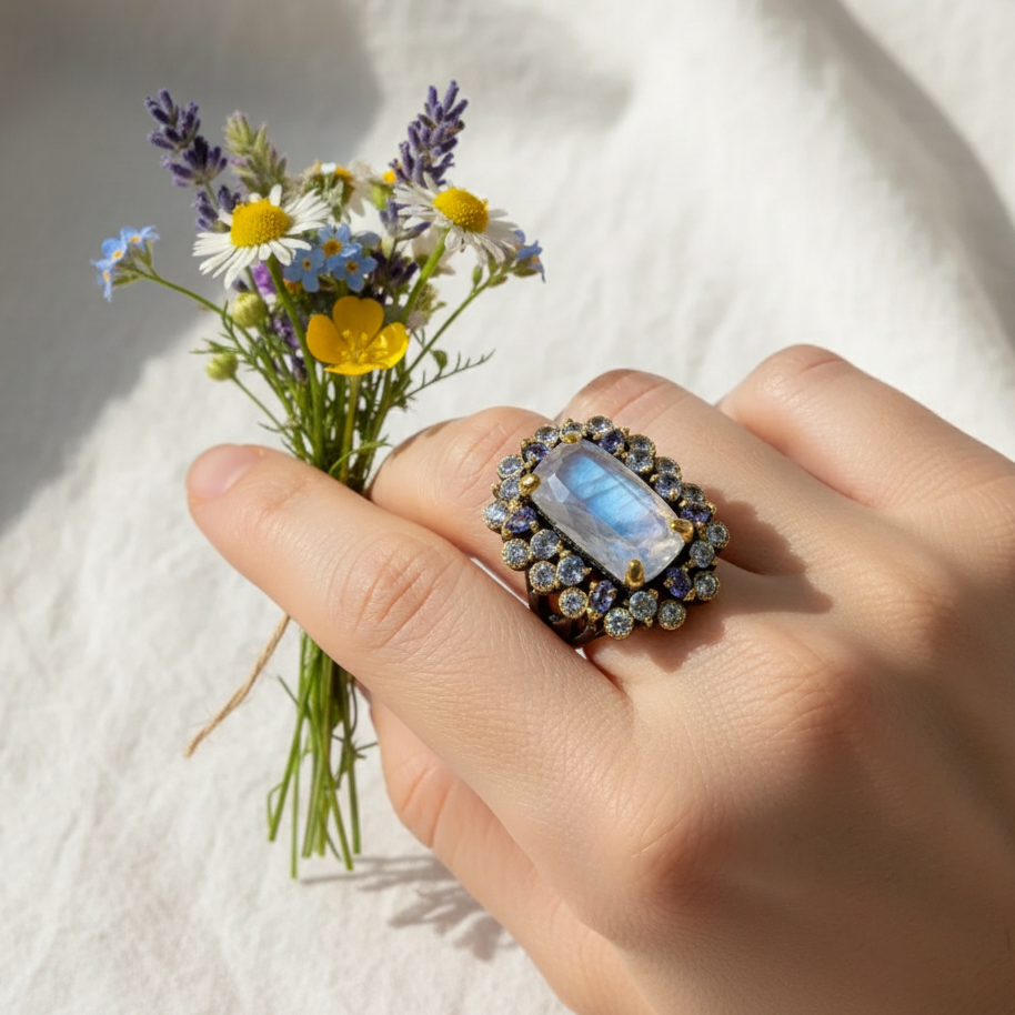 925 Sterling Silver Moonstone Ring, close-up detail