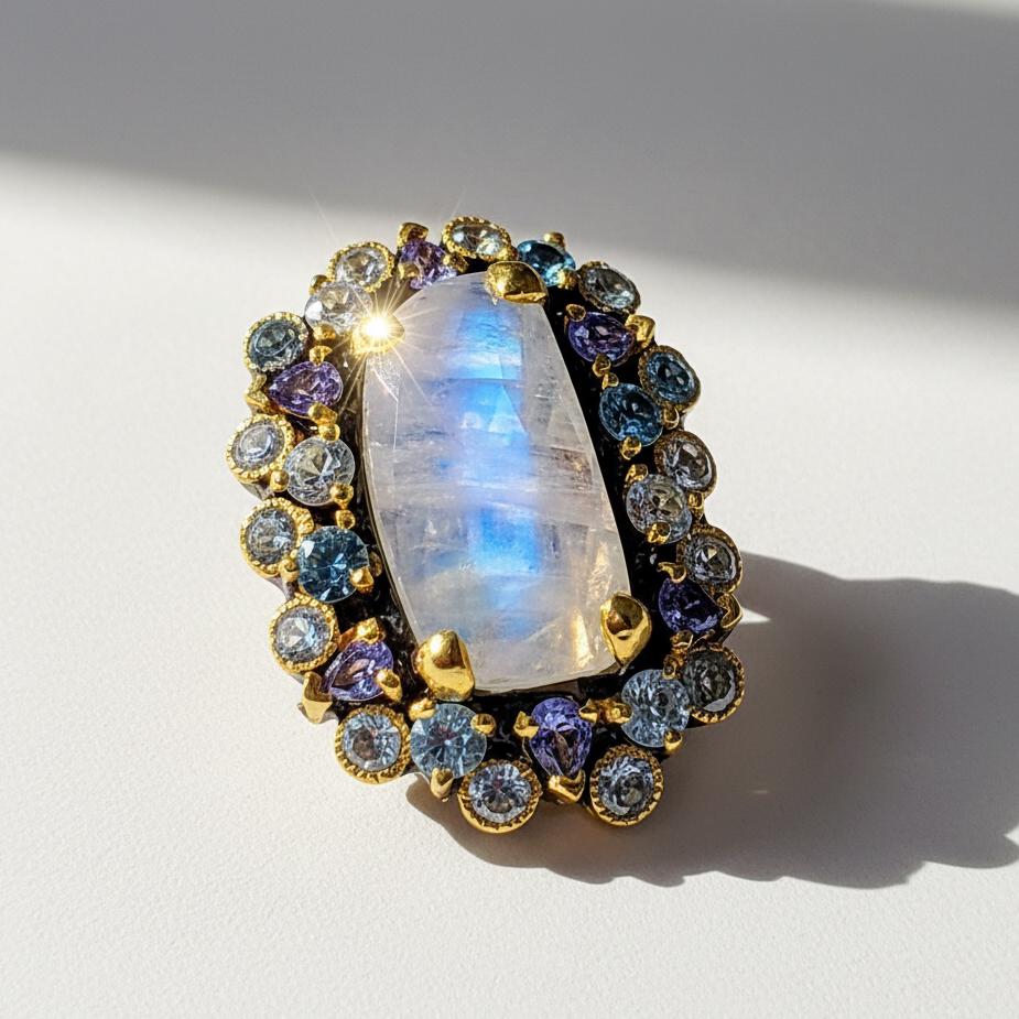 925 Sterling Silver Moonstone Ring, setting detail