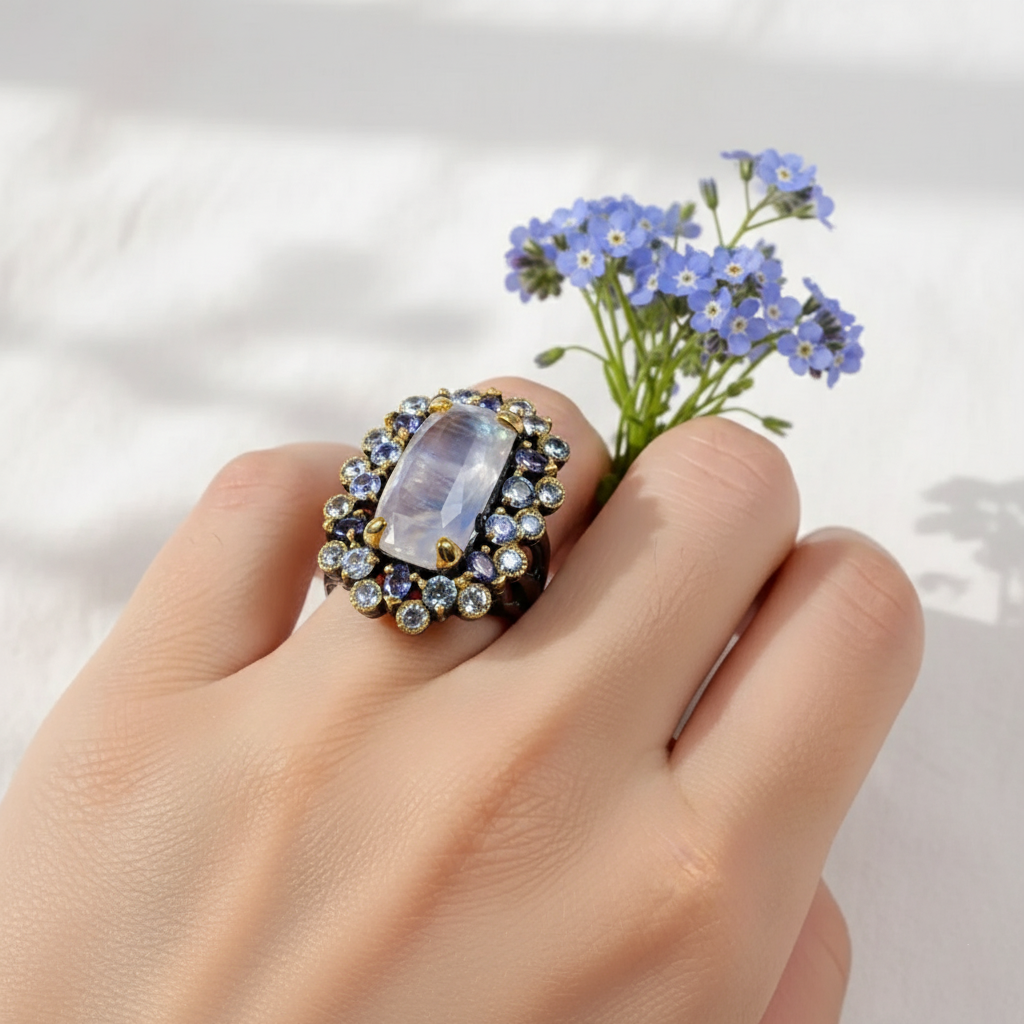 925 Sterling Silver Moonstone Ring, worn look