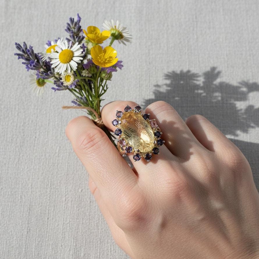 925 Sterling Silver Citrine Ring, setting detail