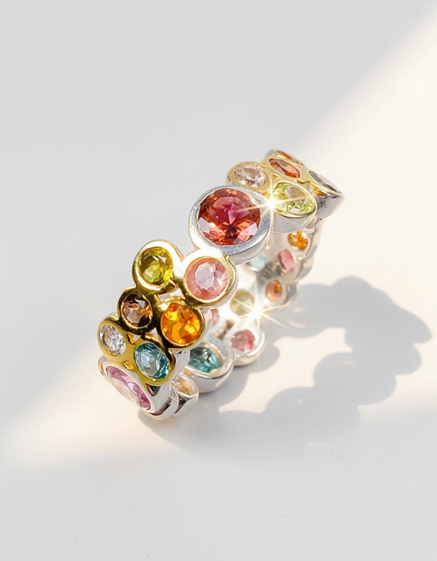 925 Sterling Silver Cluster Gemstone Ring, worn on hand