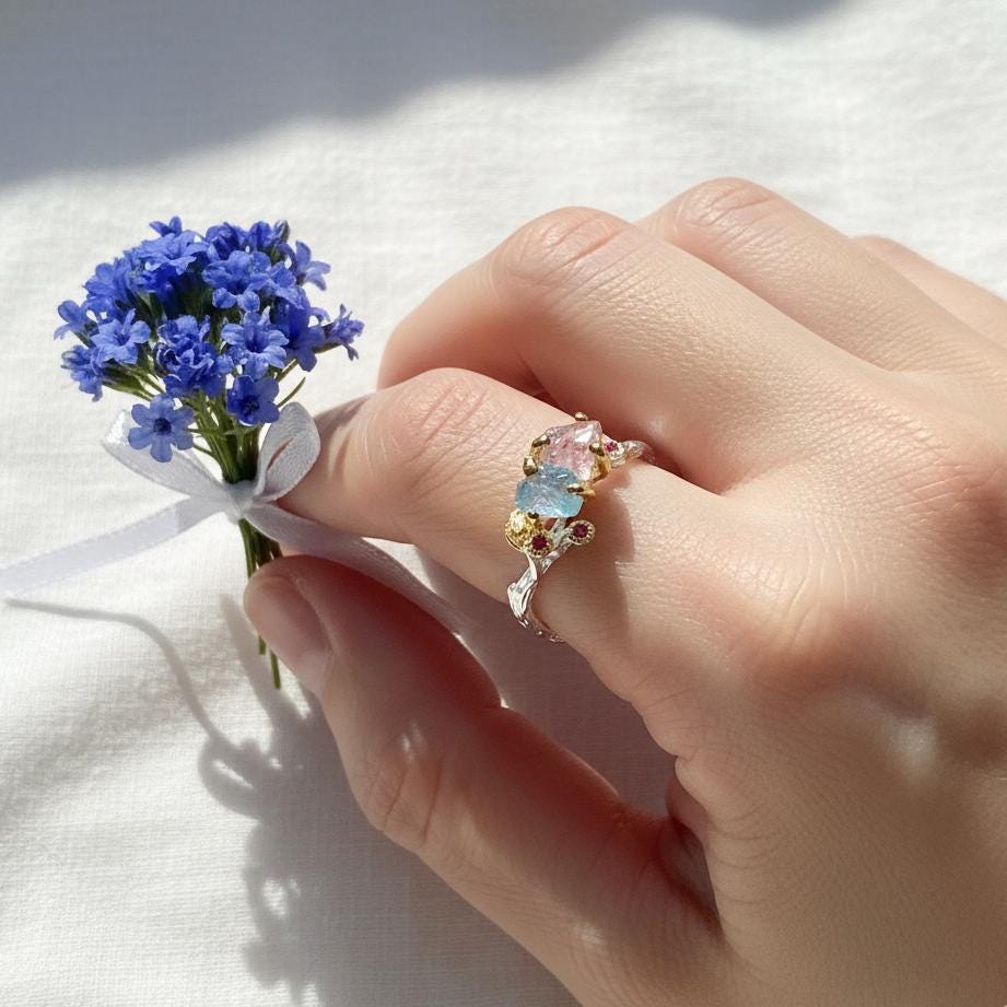 925 Sterling Silver Custom Raw Gemstone Mothers Ring, worn look