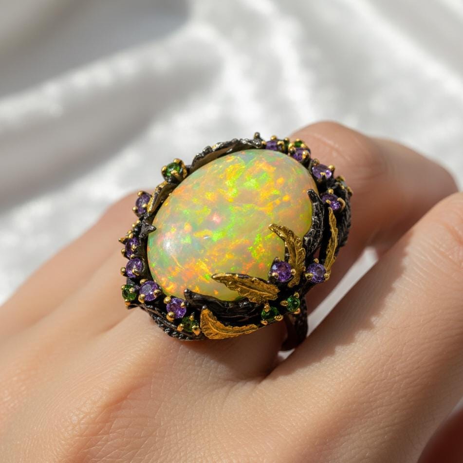 925 Sterling Silver Ethiopian Fire Opal Ring, texture close-up