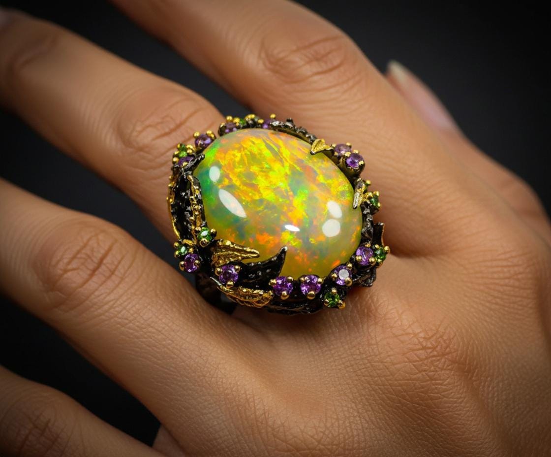 925 Sterling Silver Ethiopian Fire Opal Ring, worn on hand