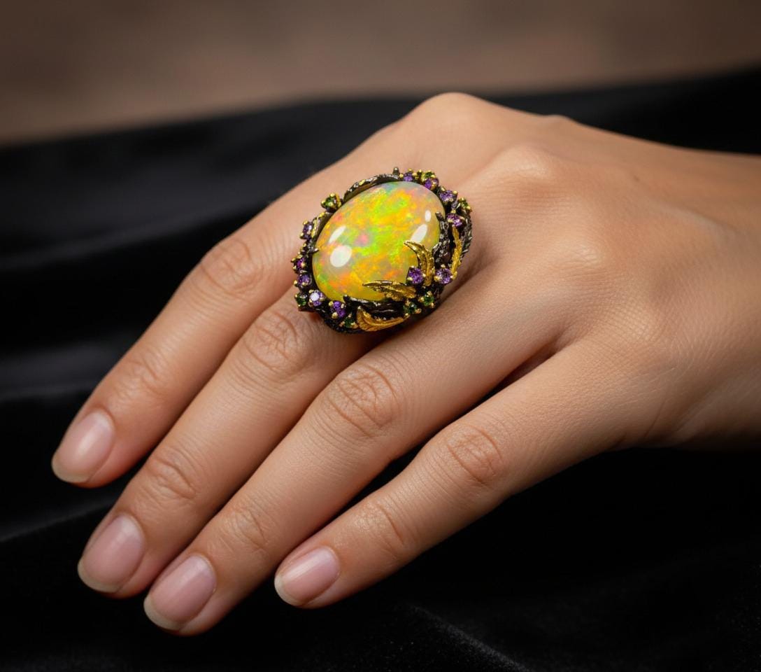 925 Sterling Silver Ethiopian Fire Opal Ring, setting detail