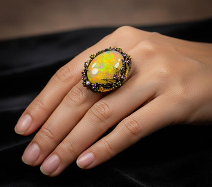 925 Sterling Silver Ethiopian Fire Opal Ring, setting detail