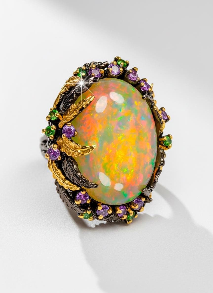 925 Sterling Silver Ethiopian Fire Opal Ring, worn look