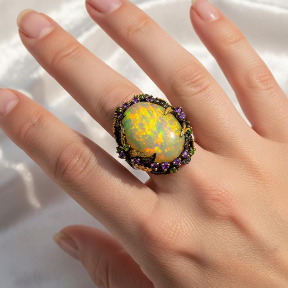 925 Sterling Silver Ethiopian Fire Opal Ring, band detail
