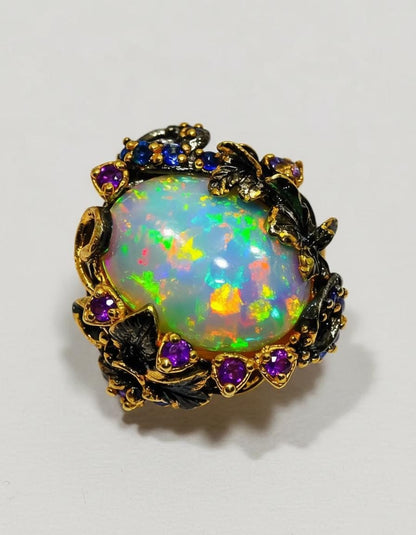925 Sterling Silver Ethiopian Opal Ring, texture close-up