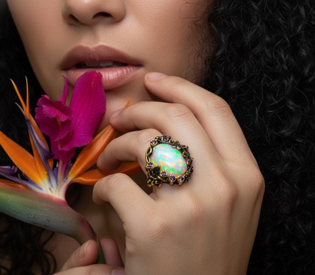925 Sterling Silver Ethiopian Opal Ring, close-up detail, image 12