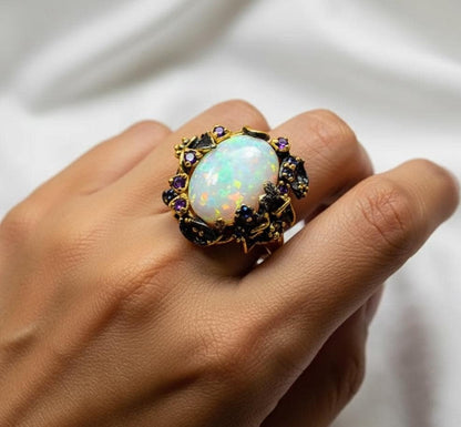 925 Sterling Silver Ethiopian Opal Ring, worn on hand, image 14
