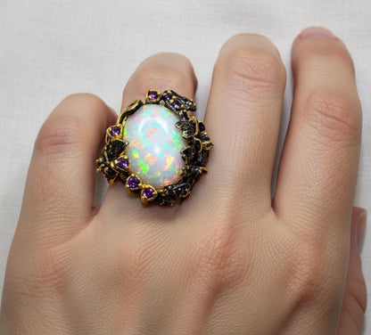 925 Sterling Silver Ethiopian Opal Ring, close-up detail