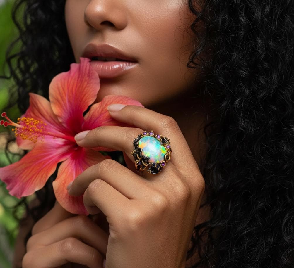 925 Sterling Silver Ethiopian Opal Ring, side view