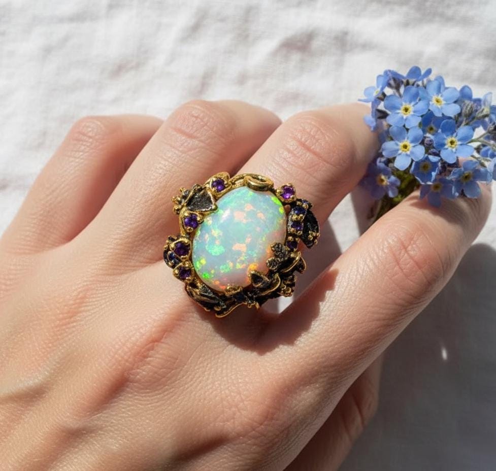 925 Sterling Silver Ethiopian Opal Ring, worn on hand