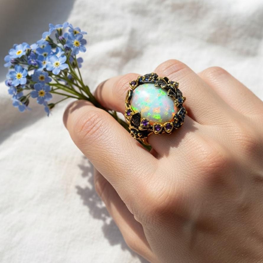 925 Sterling Silver Ethiopian Opal Ring, setting detail