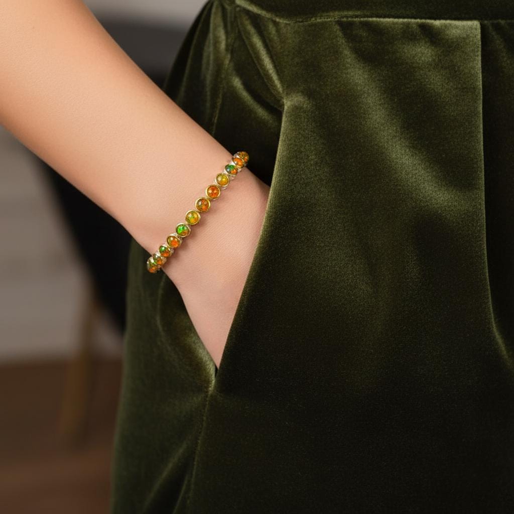 925 Sterling Silver Fire Opal Bracelet, close-up detail