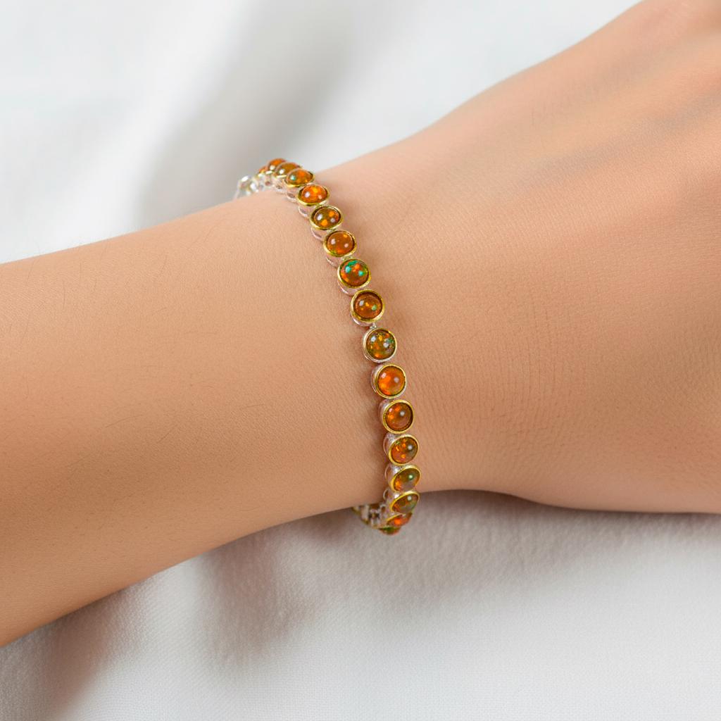 925 Sterling Silver Fire Opal Bracelet, texture close-up