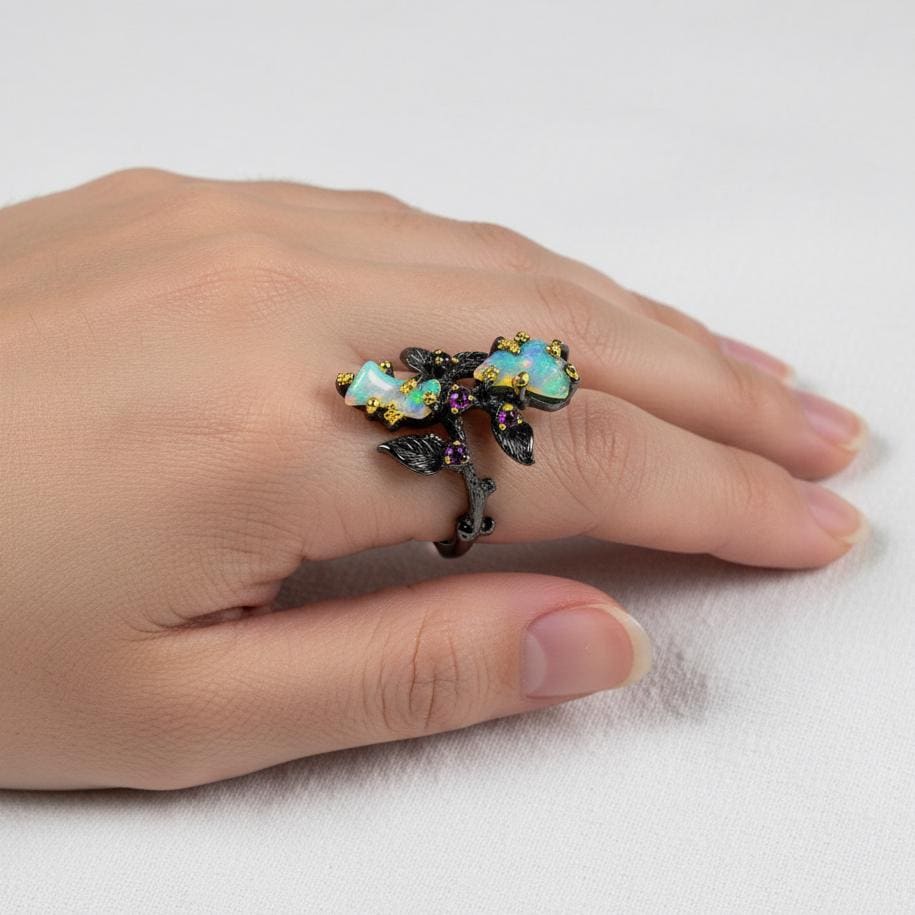 Fire Opal Branch Ring, worn on hand