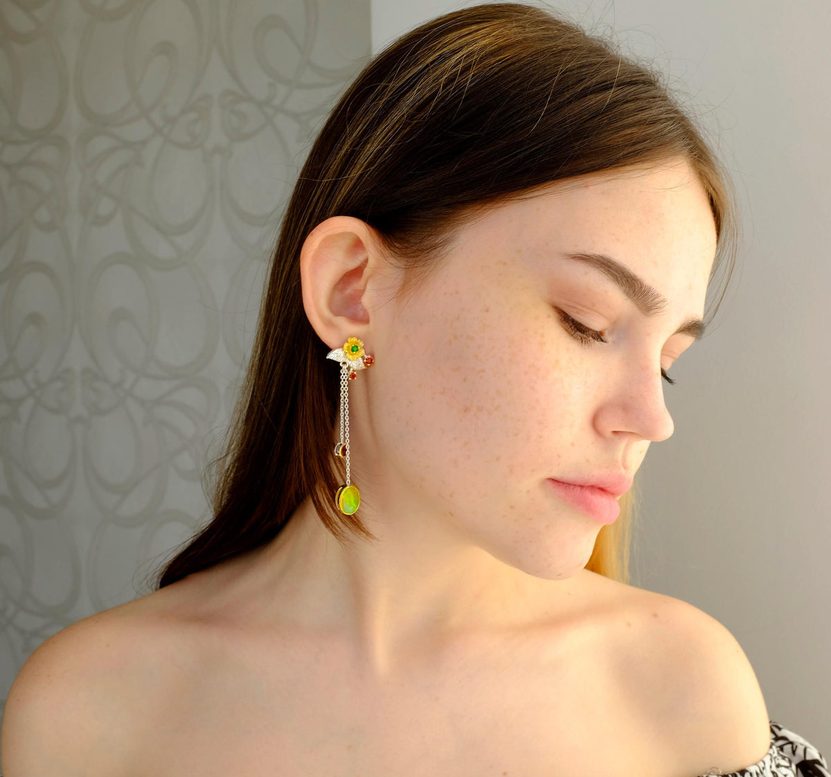 925 Sterling Silver Fire Opal Earrings, alternate angle