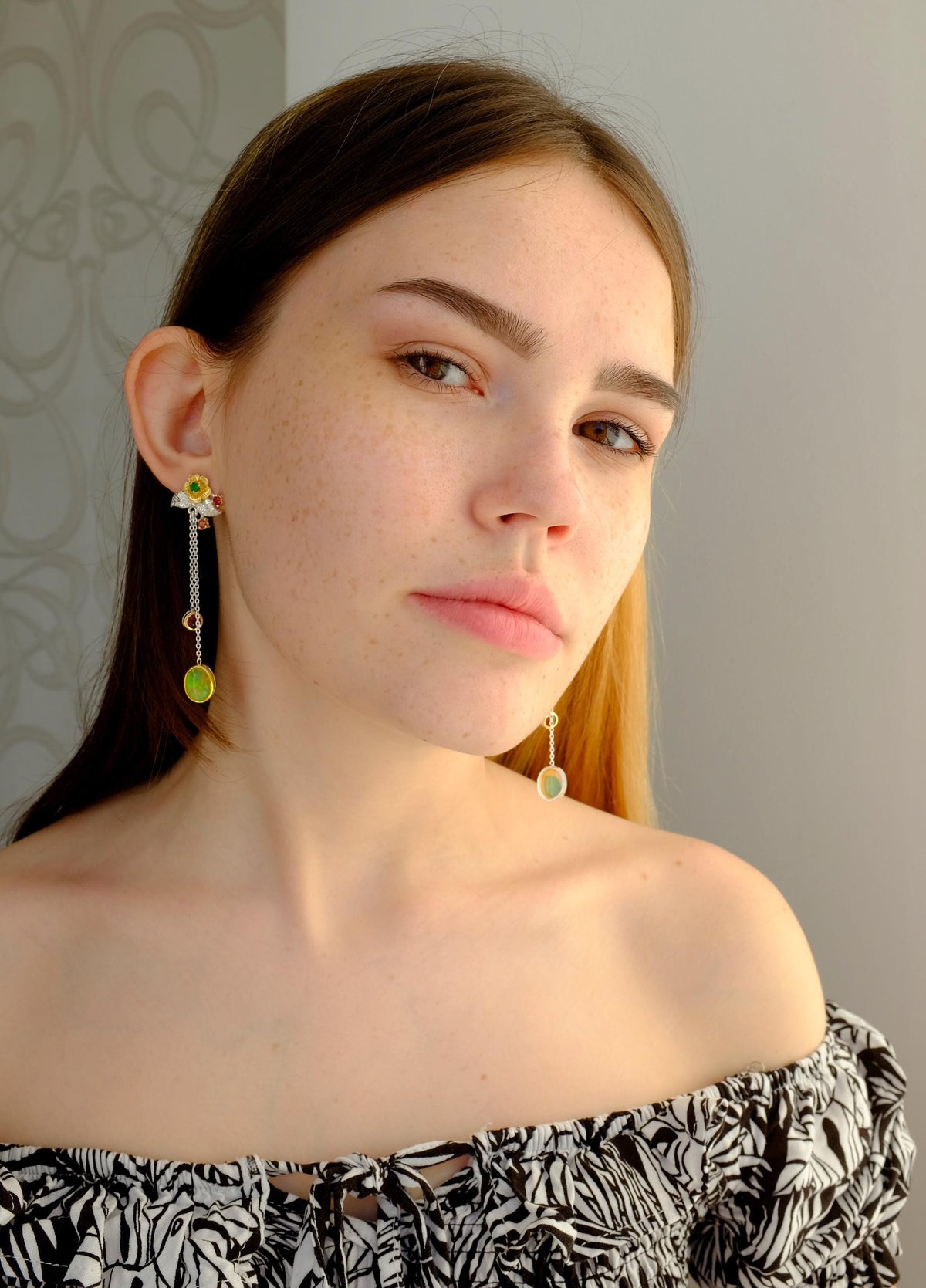 925 Sterling Silver Fire Opal Earrings, close-up detail
