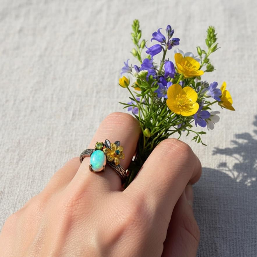 925 Sterling Silver Fire Opal Ring, alternate angle